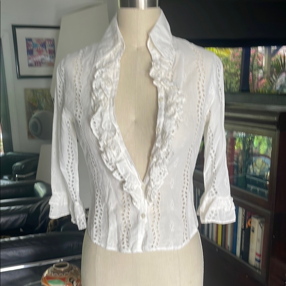 Anne Fontaine White Ruffled Fitted 3/4 Sleeve Blouse